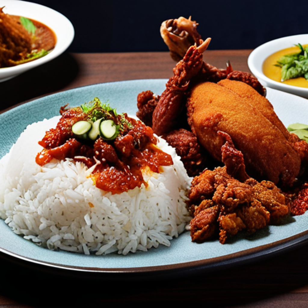 **

A creatively plated Nasi Lemak Warisan, featuring Basmati rice, vibrant sambal, and various side dishes (fried chicken, rendang, crispy squid), displayed in a modern yet traditional Malaysian setting. Focus on the artistic presentation and rich colors.

**