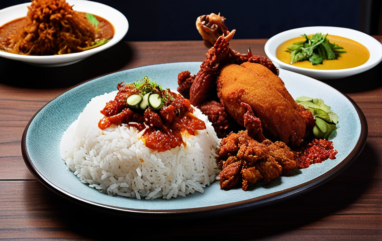 **

A creatively plated Nasi Lemak Warisan, featuring Basmati rice, vibrant sambal, and various side dishes (fried chicken, rendang, crispy squid), displayed in a modern yet traditional Malaysian setting. Focus on the artistic presentation and rich colors.

**