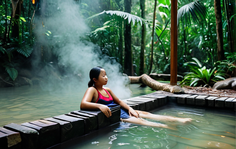 Relaxing Hot Spring Experience**

A woman fully clothed in modest swimwear, relaxing in a natural hot spring surrounded by lush Malaysian rainforest, steam rising from the water, safe for work, appropriate content, perfect anatomy, natural pose, well-formed hands, professional photography, high quality, family-friendly.

**