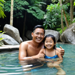 **

"A Malaysian family enjoying a relaxing day at a hot spring resort. The father, mother, and two children are smiling and appear refreshed. They are fully clothed in modest swimwear. The background features lush tropical foliage and natural rock formations. Safe for work, appropriate content, professional, family-friendly, perfect anatomy, correct proportions, natural pose, high quality, well-formed hands, proper finger count, natural body proportions."

**