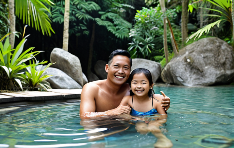 **

"A Malaysian family enjoying a relaxing day at a hot spring resort. The father, mother, and two children are smiling and appear refreshed. They are fully clothed in modest swimwear. The background features lush tropical foliage and natural rock formations. Safe for work, appropriate content, professional, family-friendly, perfect anatomy, correct proportions, natural pose, high quality, well-formed hands, proper finger count, natural body proportions."

**