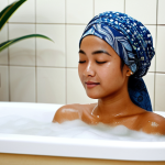 **Subject:** A woman with glowing, healthy skin is relaxing in a bathtub filled with warm water. Subtle steam rises from the water.  **Clothing:** She's wearing a modest, comfortable head wrap (like a batik headscarf).  **Environment:**  The bathroom is decorated in a modern Malaysian style, perhaps with some potted plants and soft lighting. **Details:** Epsom salts are visibly dissolving in the water.  **Modifiers:** Soft focus, natural light, perfect skin texture, "safe for work", "appropriate content", "fully clothed", "modest", "family-friendly", perfect anatomy, natural proportions, well-formed hands, proper finger count, professional photography, high quality.