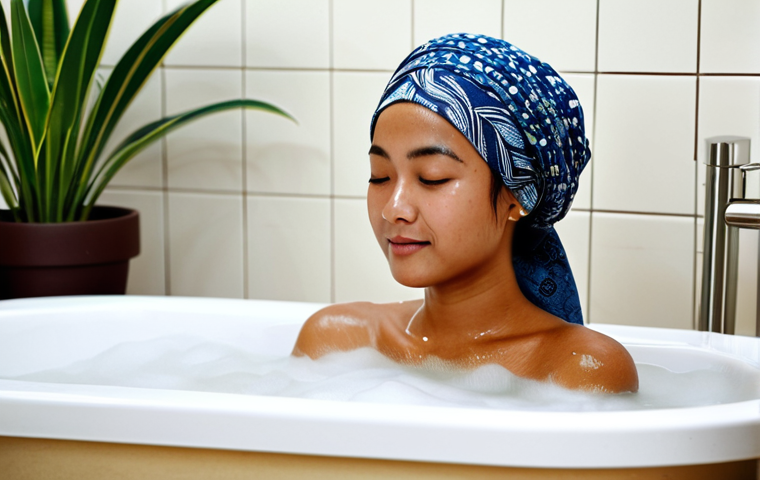 **Subject:** A woman with glowing, healthy skin is relaxing in a bathtub filled with warm water. Subtle steam rises from the water.  **Clothing:** She's wearing a modest, comfortable head wrap (like a batik headscarf).  **Environment:**  The bathroom is decorated in a modern Malaysian style, perhaps with some potted plants and soft lighting. **Details:** Epsom salts are visibly dissolving in the water.  **Modifiers:** Soft focus, natural light, perfect skin texture, "safe for work", "appropriate content", "fully clothed", "modest", "family-friendly", perfect anatomy, natural proportions, well-formed hands, proper finger count, professional photography, high quality.