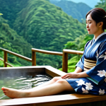 온천 스파 리조트 - Onsen Relaxation**

"A woman in a modest, traditional yukata, relaxing by a natural hot spring (onse...