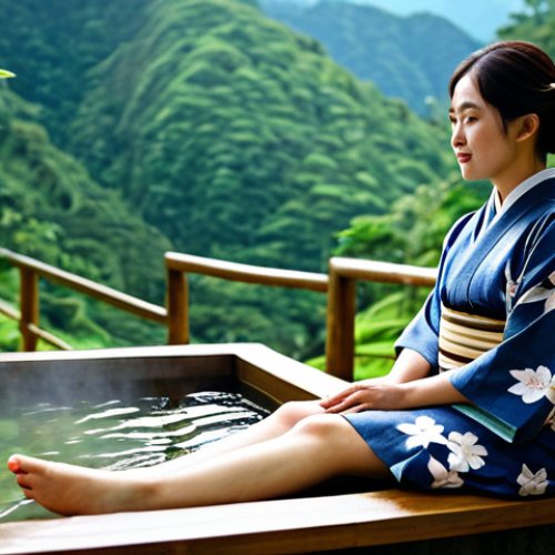 온천 스파 리조트 - Onsen Relaxation**

"A woman in a modest, traditional yukata, relaxing by a natural hot spring (onse...