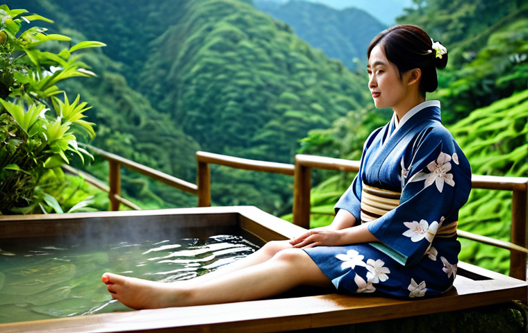 온천 스파 리조트 - Onsen Relaxation**

"A woman in a modest, traditional yukata, relaxing by a natural hot spring (onse...